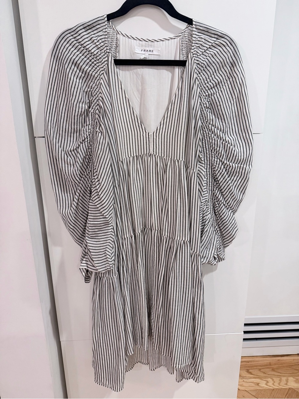 FRAME Black White Striped Puff Sleeve Tiered Mini Dress Large